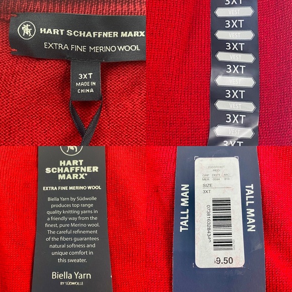 Hart Schaffner Marx Mens V Neck Vest Sz 3XT Big Tall 100% Red MERINO WOOL - Picture 10 of 10